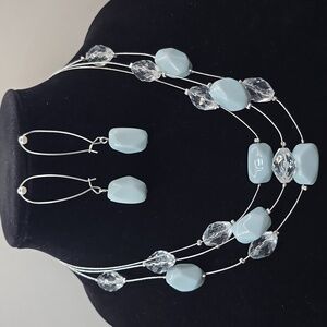 Statement Necklace W/ Earrings Faux Blue Clear Beads Layered Chunky Jewelry